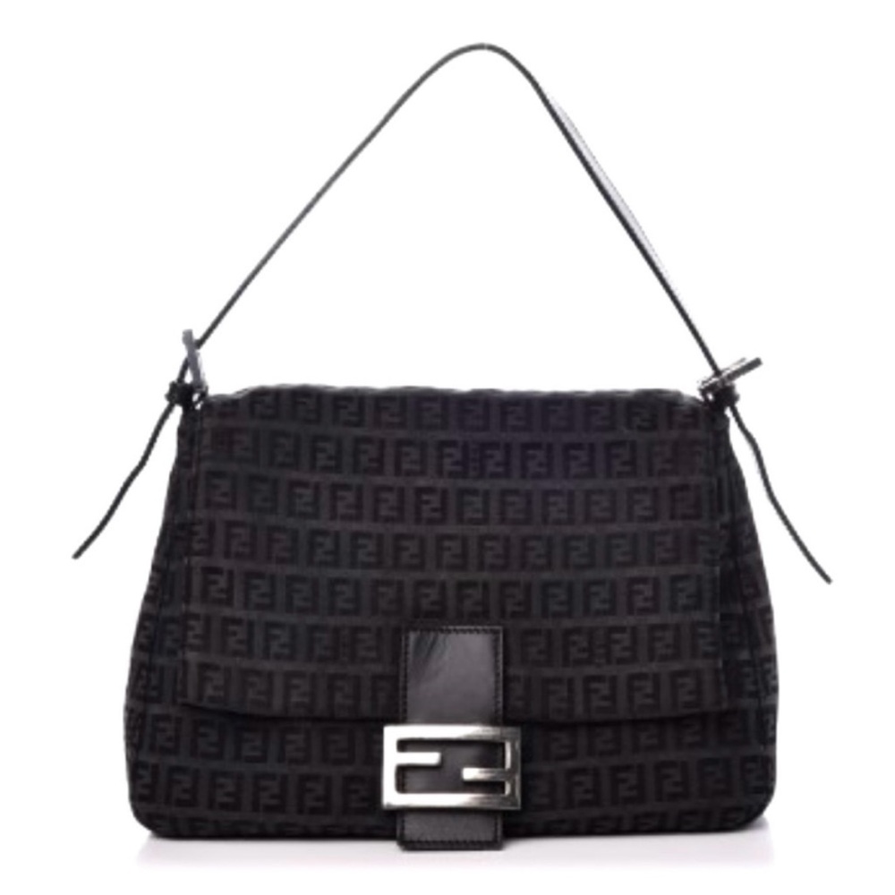 FENDI Zucchino Mama Baguette Flap Shoulder Bag Black Cloth Leather Handle Bag